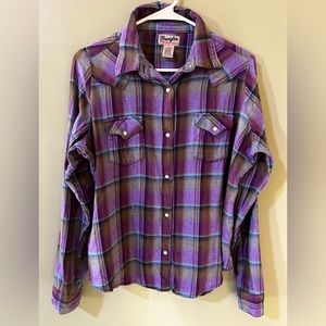 Wrangler rancher shirt long sleeve flannel snap down size XL Pearl snap